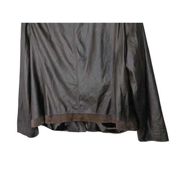 Tahari Woman 100% Leather Jacket Brown Suede Trim Open Front Pockets Boho Chic L - Picture 12 of 16